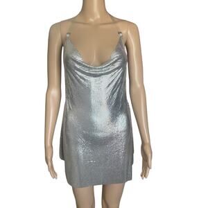Y2K Silver Chainmail Halter Dress Metal Mesh Liquid Metal Club Rave Mini